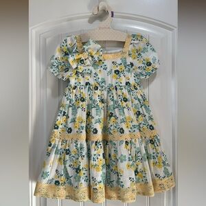 Zunie Yellow & Green Floral Cotton Sundress with Lace Trim + matching bow clip
